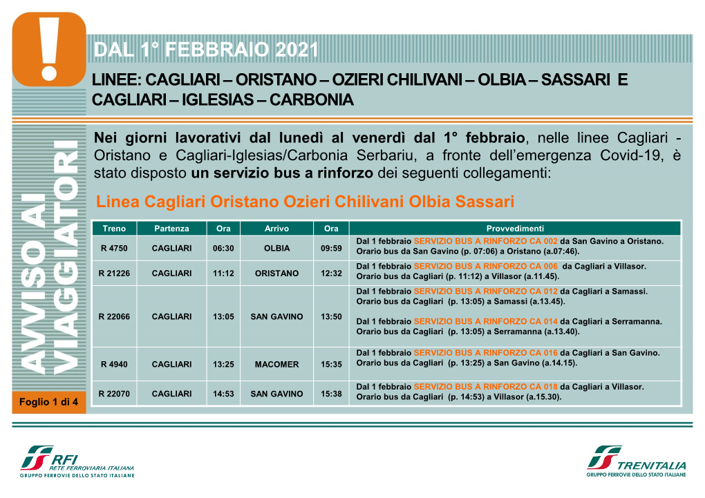 Dal 1° Febbraio 2021 Linee: Cagliari – Oristano – Ozieri Chilivani – Olbia – Sassari E Cagliari – Iglesias – Carbonia