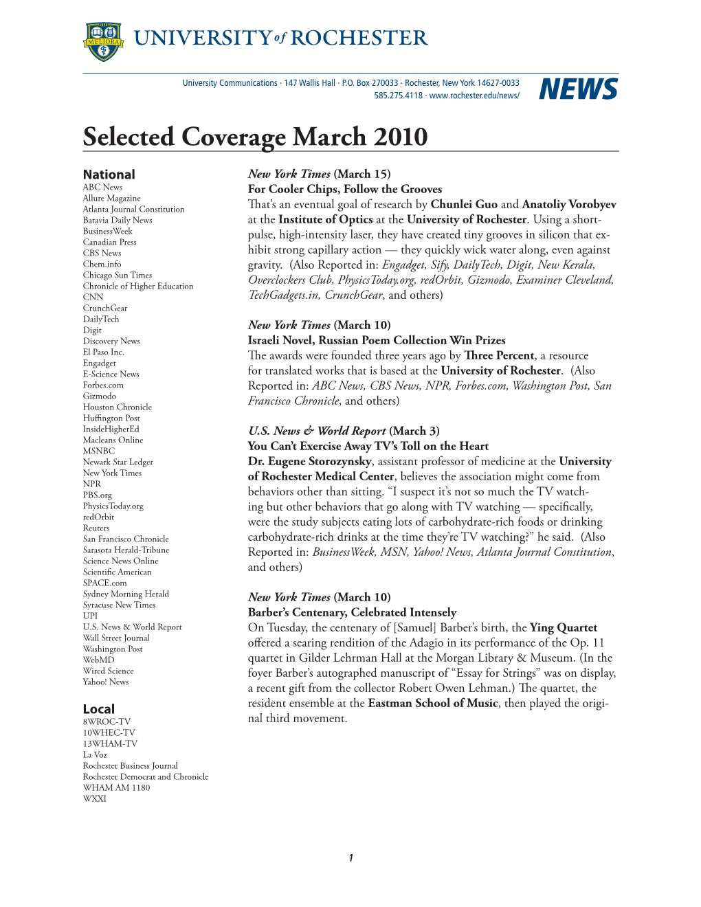 Selected Coverage March 2010