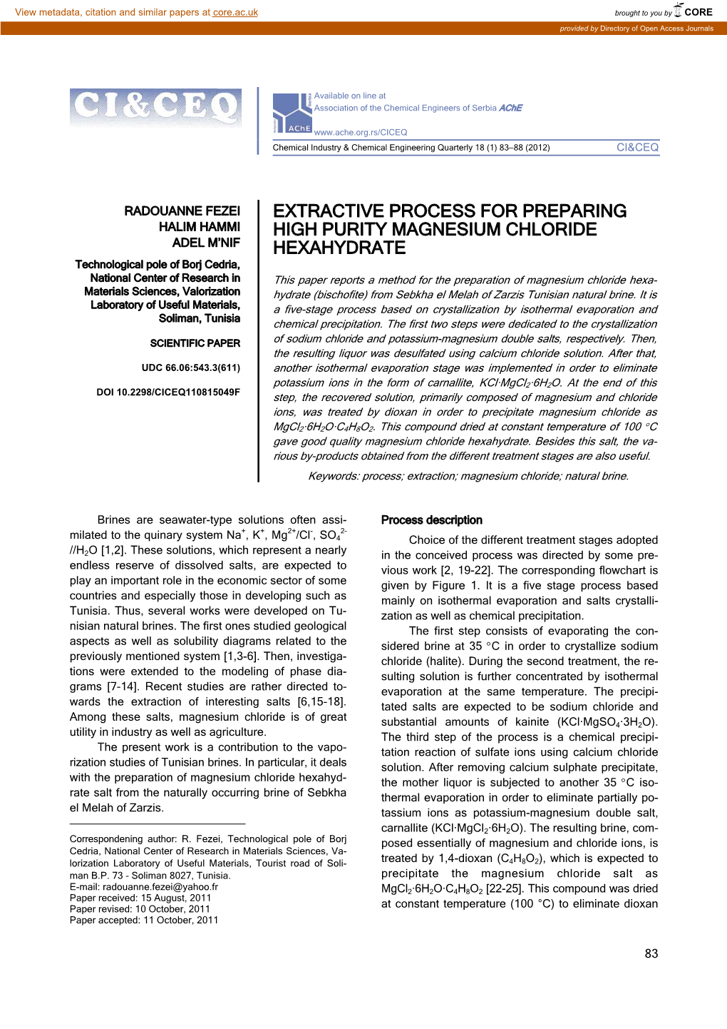 Extractive Process for Preparing High Purity… Ci&Ceq 18 (1) 8388 (2012)