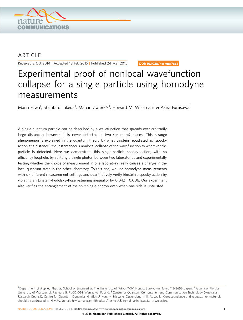 Experimental Proof of Nonlocal Wavefunction Collapse for a Single Particle Using Homodyne Measurements