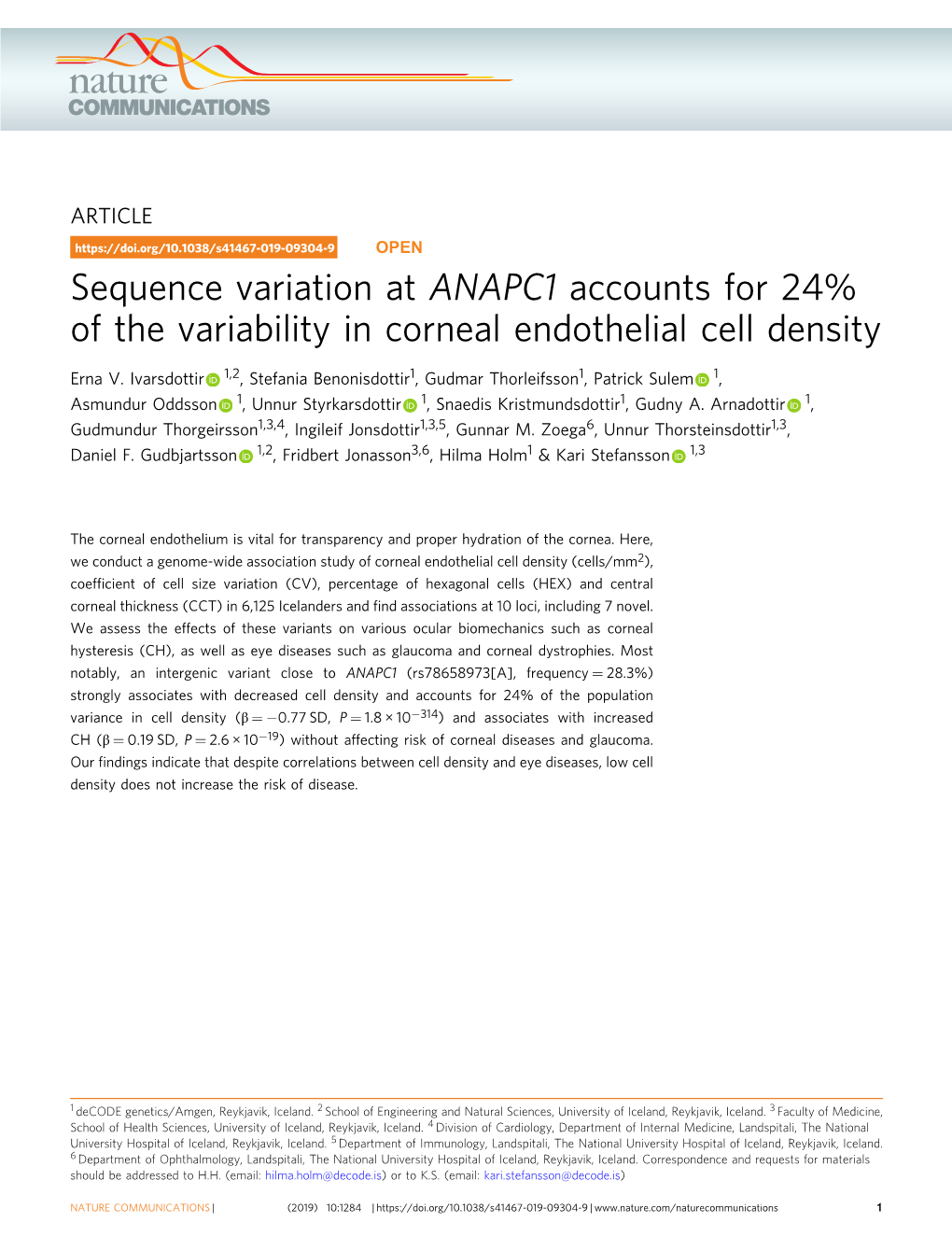 Sequence Variation at ANAPC1 Accounts for 24% of the Variability in Corneal Endothelial Cell Density