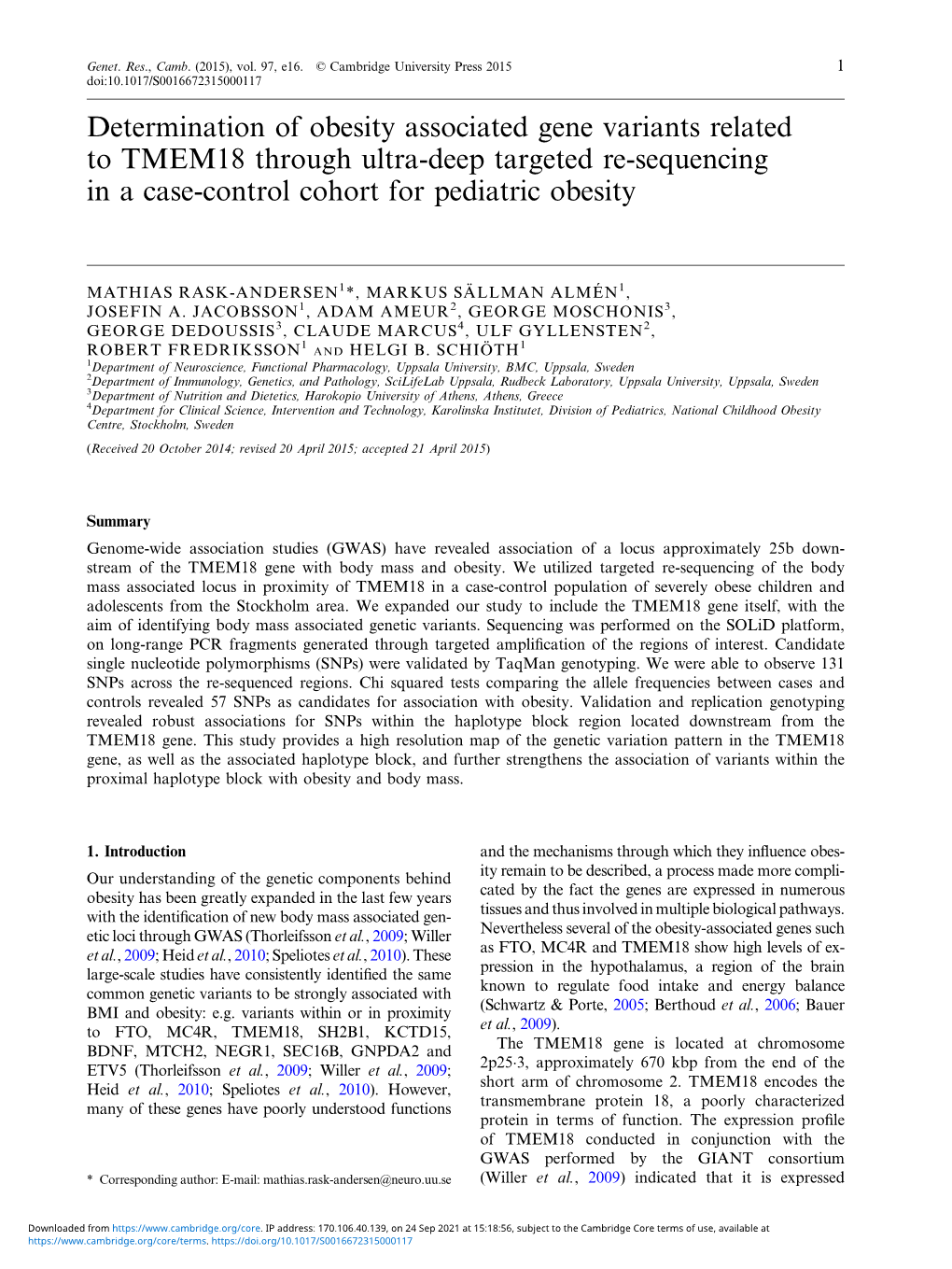 Determination of Obesity Associated Gene Variants Related to TMEM18 Through Ultra-Deep Targeted Re-Sequencing in a Case-Control Cohort for Pediatric Obesity