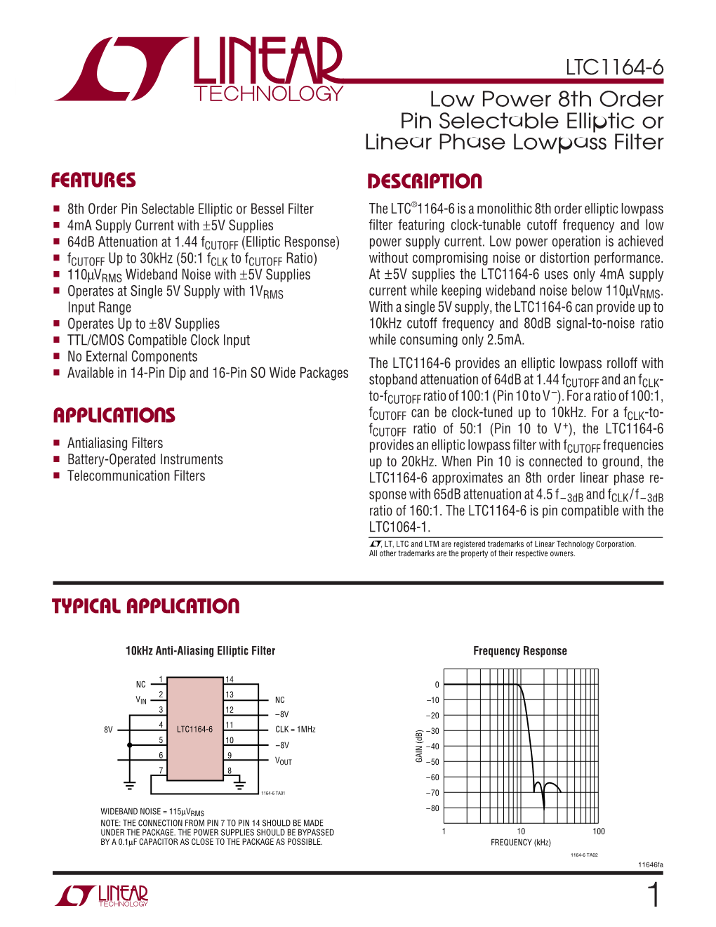 LTC1164-6 Low Power 8Th Order Pin Selectable Elliptic Or Linear Phase Lowpass Filter