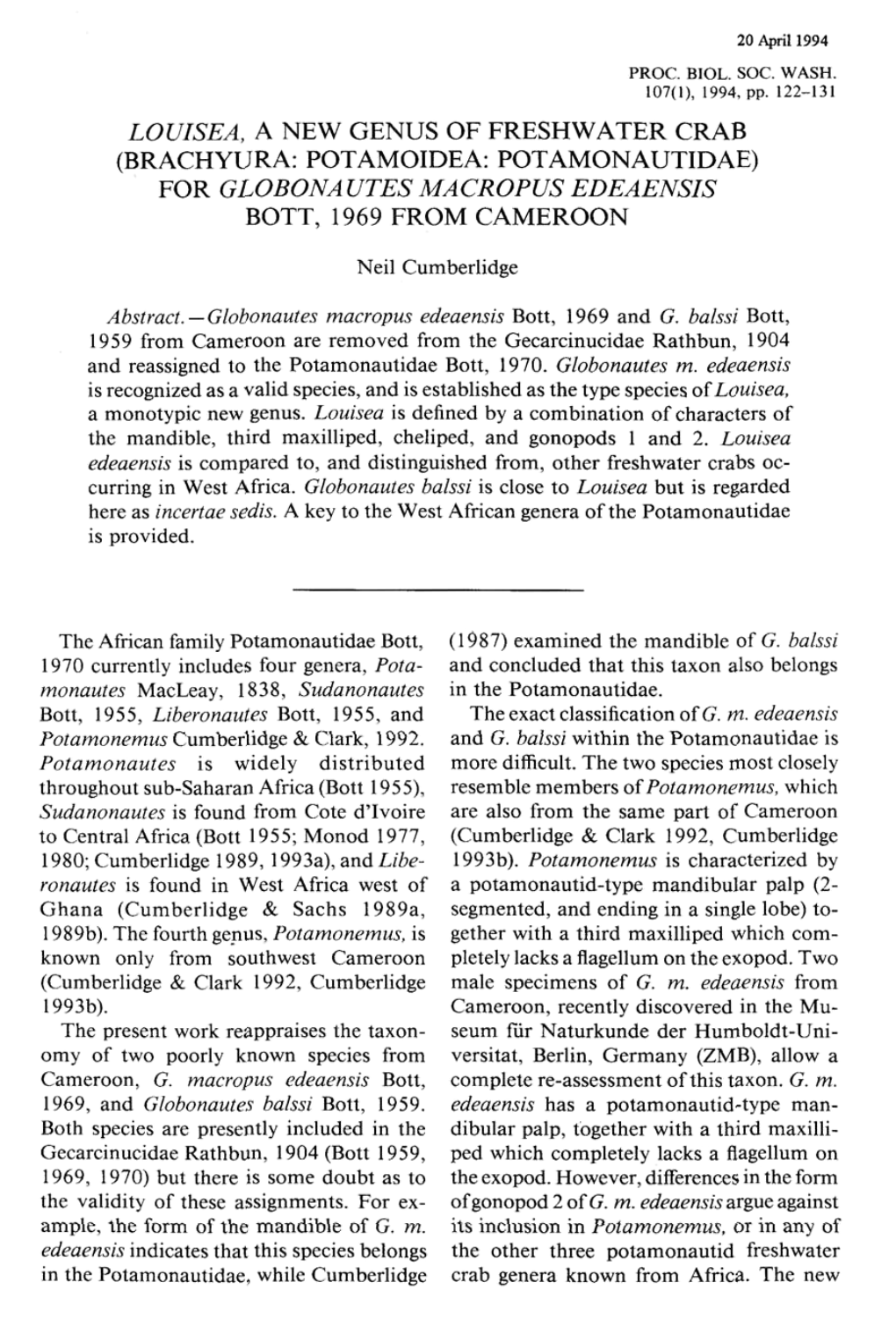 Louisea, a New Genus of Freshwater Crab (Brachyura: Potamoidea: Potamonautidae) for Globona Utes Macropus Edeaensis Bott, 1969 from Cameroon