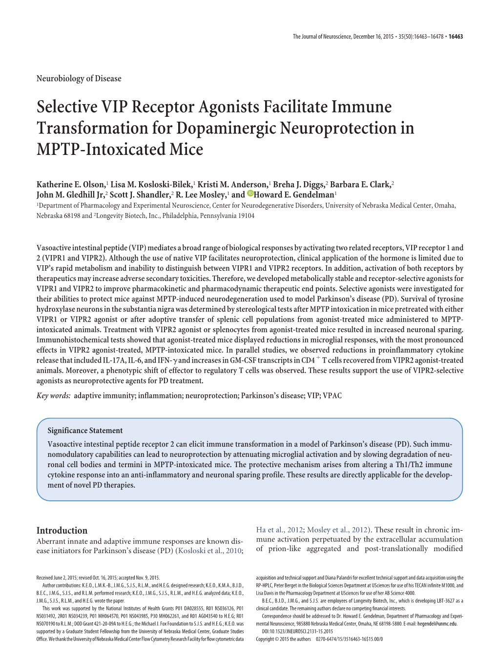Selective VIP Receptor Agonists Facilitate Immune Transformation for Dopaminergic Neuroprotection in MPTP-Intoxicated Mice