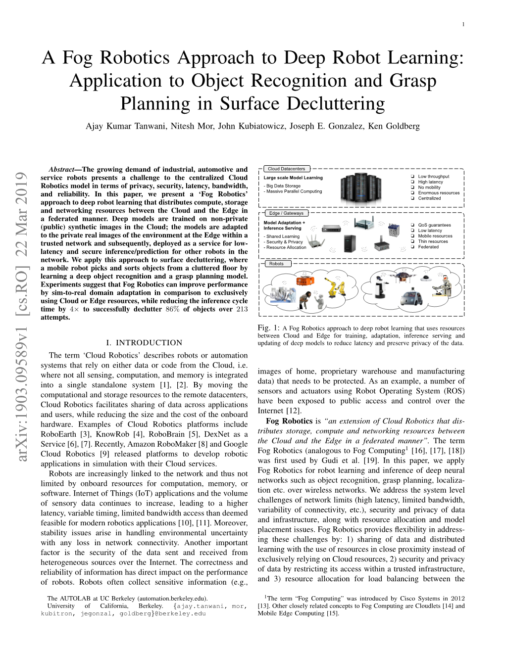 A Fog Robotics Approach to Deep Robot Learning: Application to Object Recognition and Grasp Planning in Surface Decluttering
