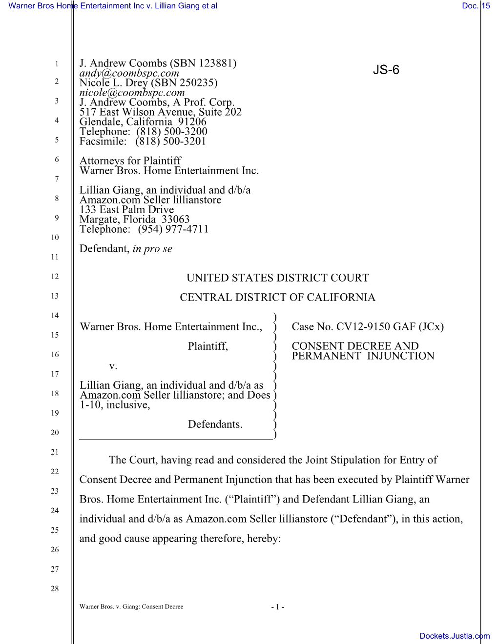 CONSENT DECREE and PERMANENT INJUNCTION by Judge