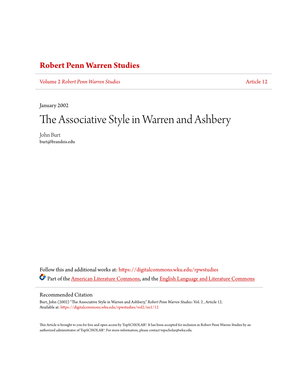 The Associative Style in Warren and Ashbery John Burt Burt@Brandeis.Edu