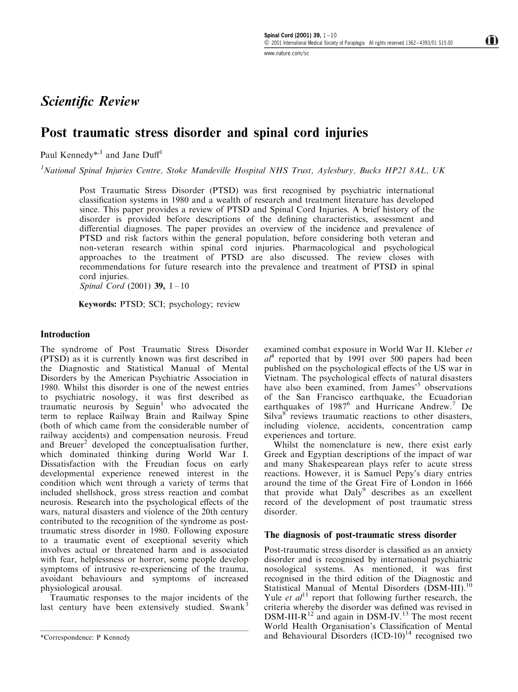 Scienti®C Review Post Traumatic Stress Disorder and Spinal Cord Injuries