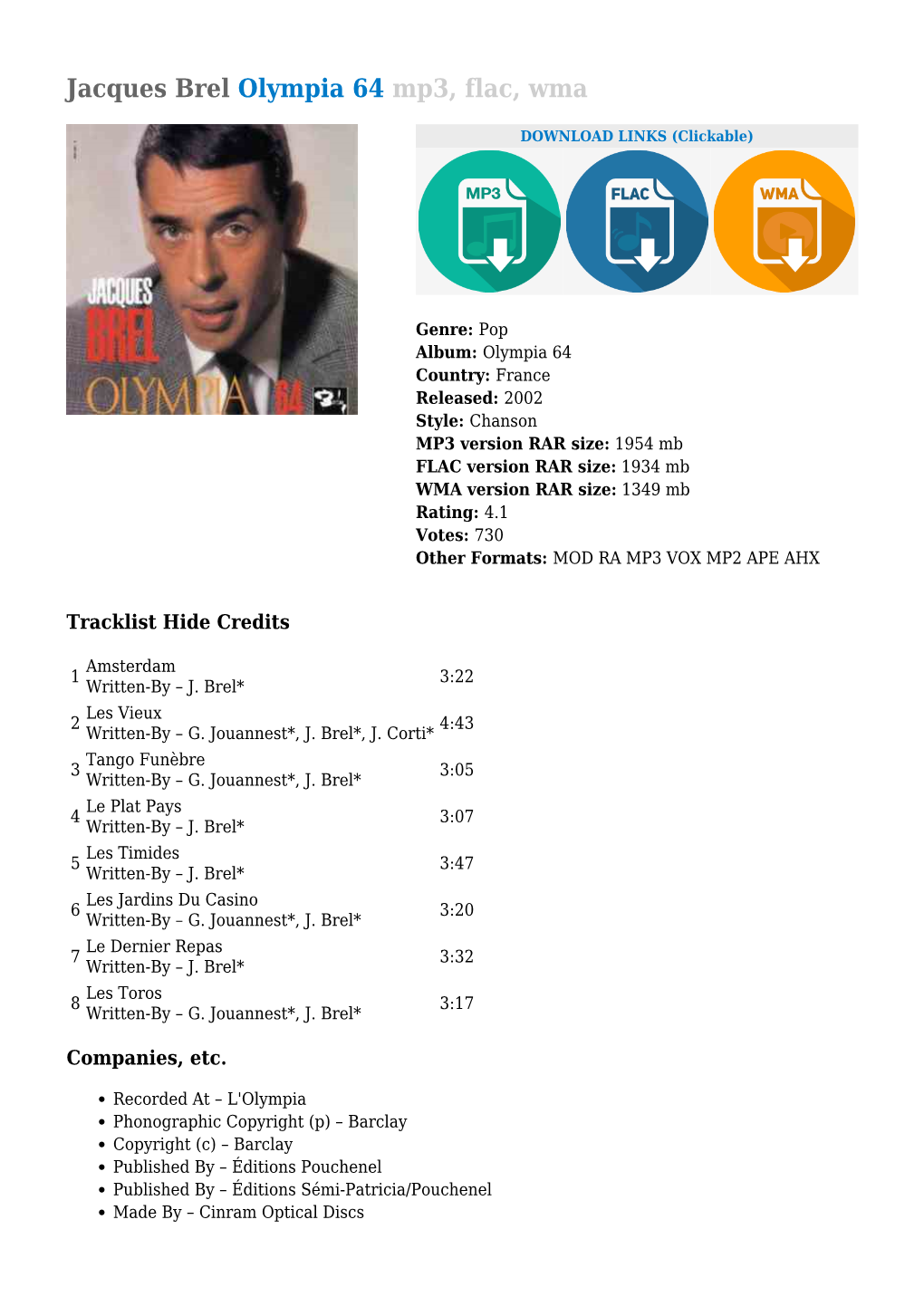 Jacques Brel Olympia 64 Mp3, Flac, Wma