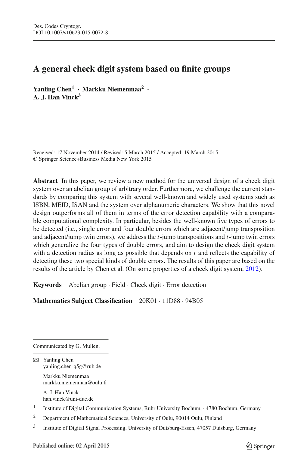 A General Check Digit System Based on Finite Groups