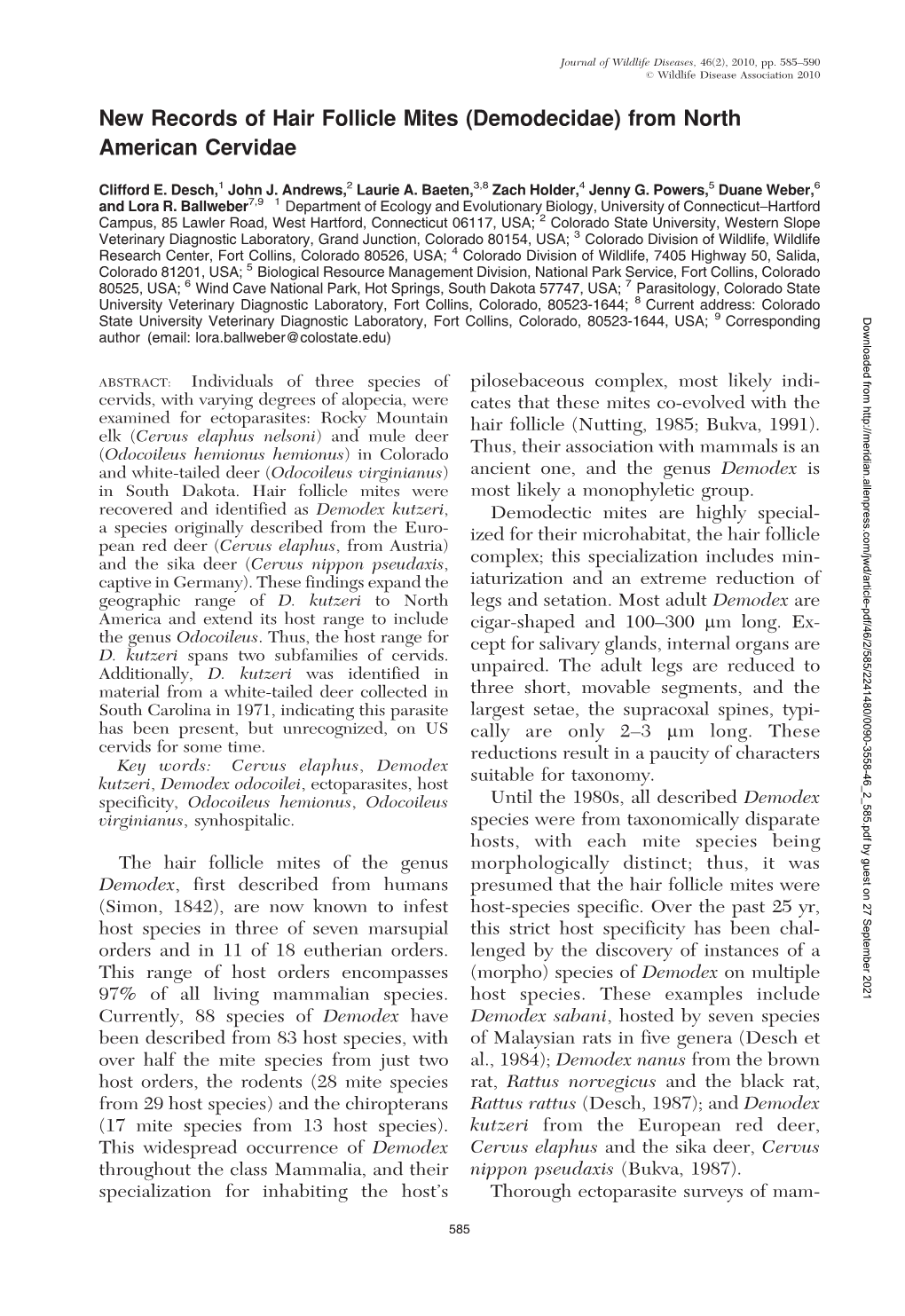 New Records of Hair Follicle Mites (Demodecidae) from North American Cervidae