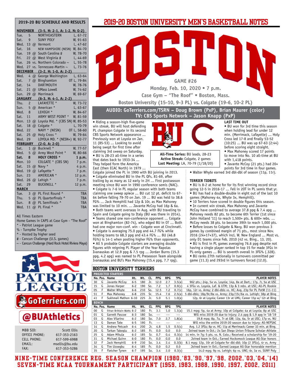 2019-20 Boston University Men's Basketball Notes