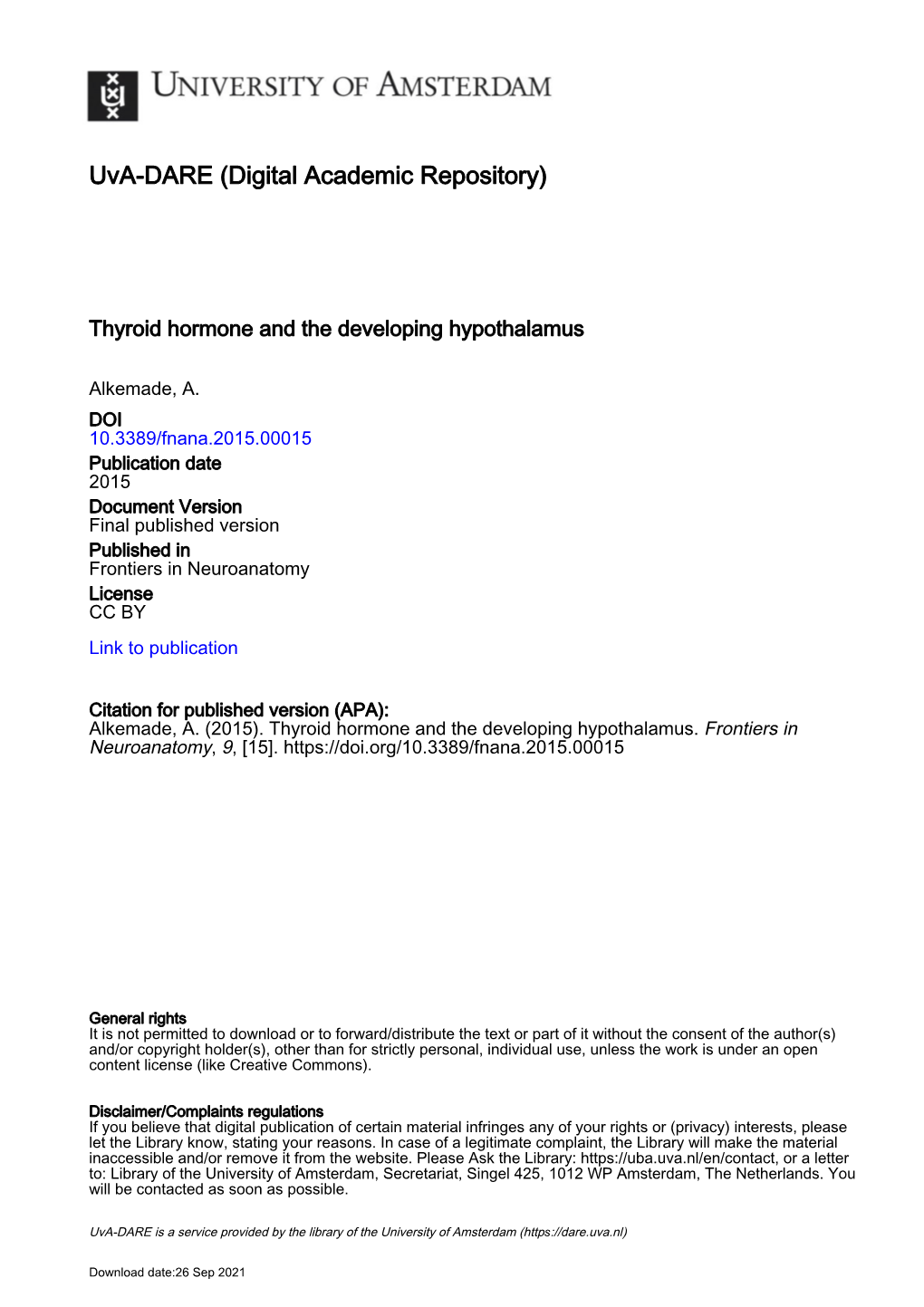 Thyroid Hormone and the Developing Hypothalamus