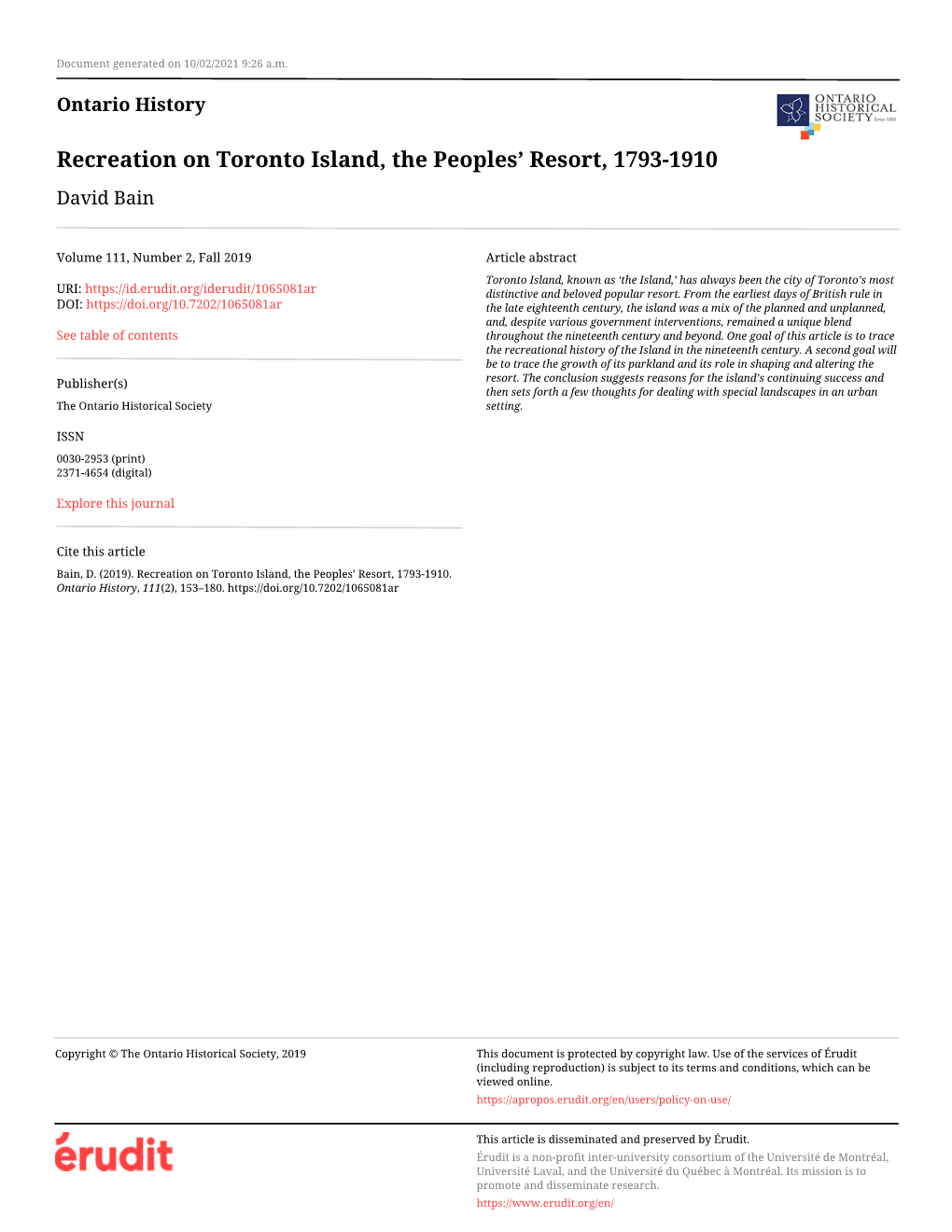 Recreation on Toronto Island, the Peoples' Resort, 1793-1910