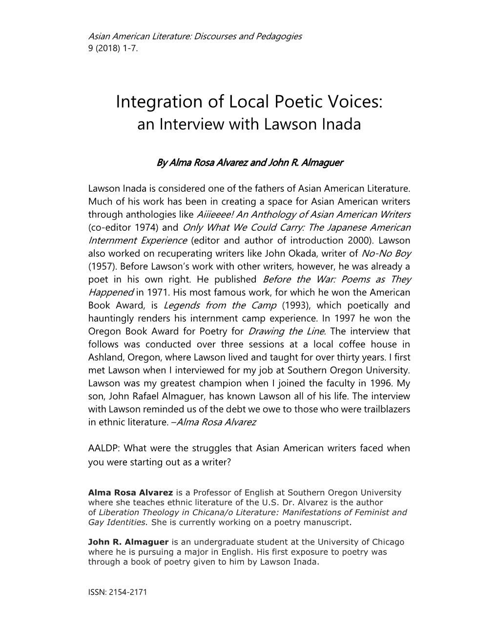 Integration of Local Poetic Voices: an Interview with Lawson Inada