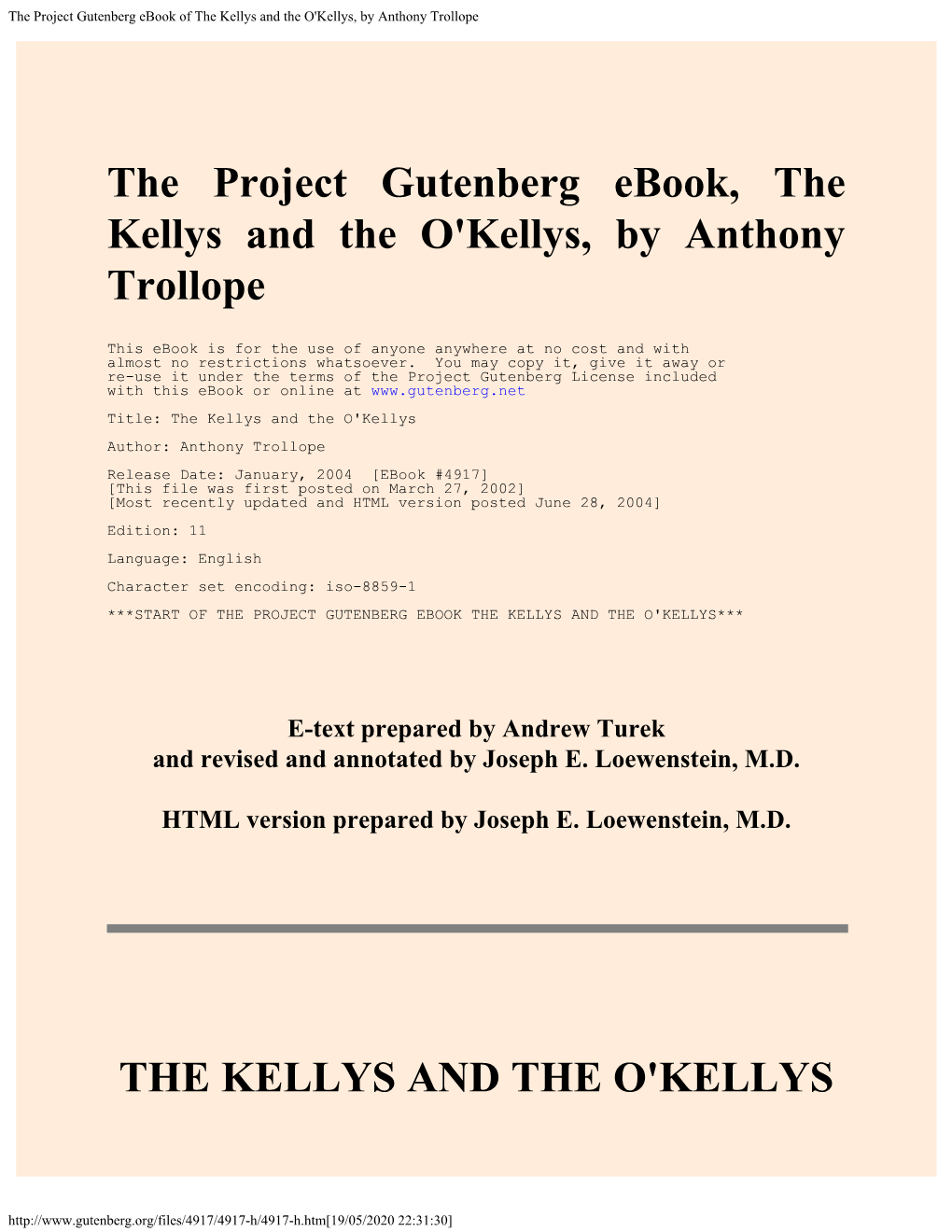 The Project Gutenberg Ebook of the Kellys and the O'kellys, by Anthony Trollope