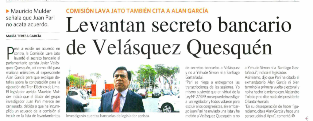 Levantan Secreto Bancario De Velásquez Quesquén