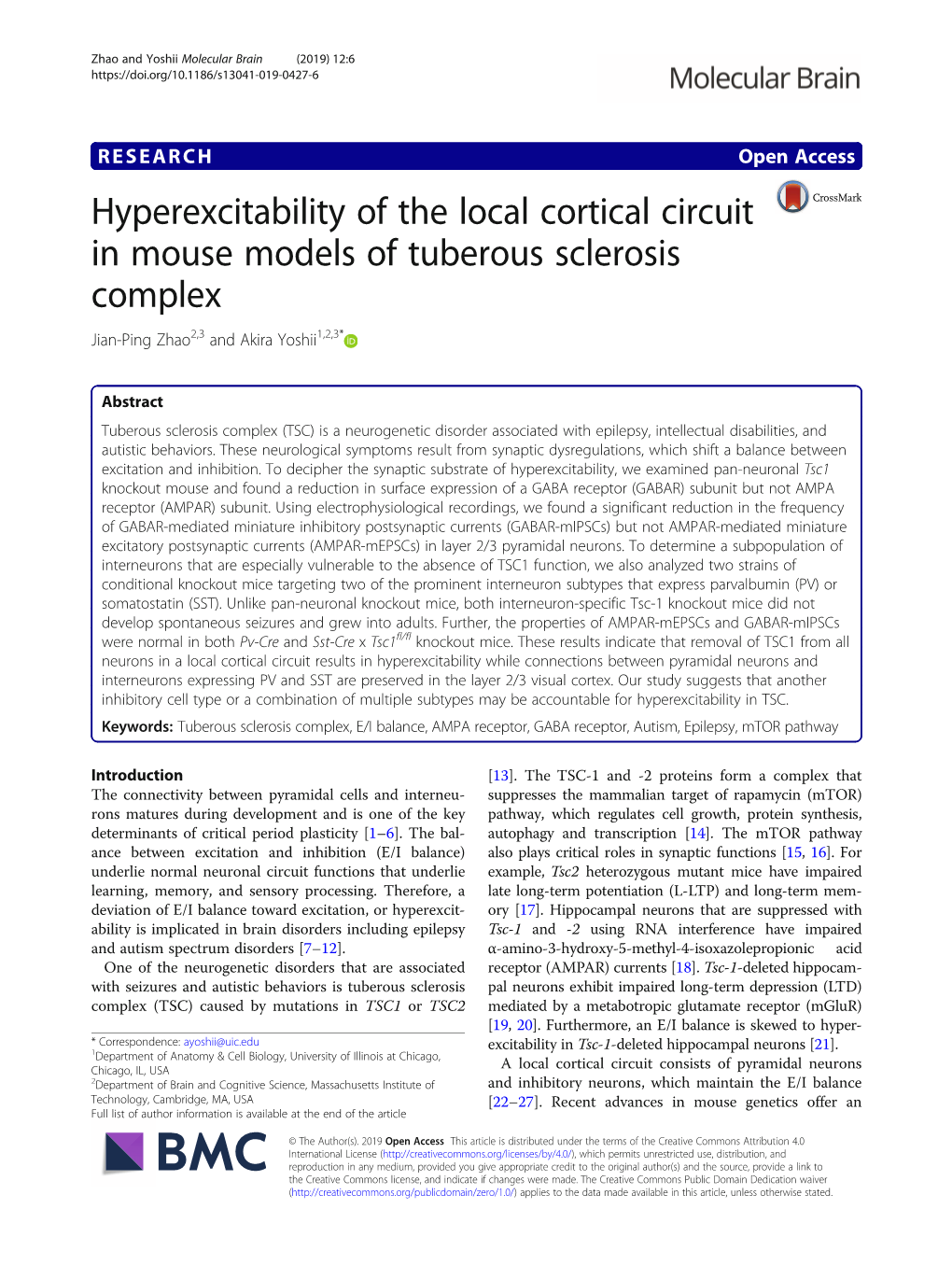 Hyperexcitability of the Local Cortical Circuit in Mouse Models of Tuberous Sclerosis Complex Jian-Ping Zhao2,3 and Akira Yoshii1,2,3*