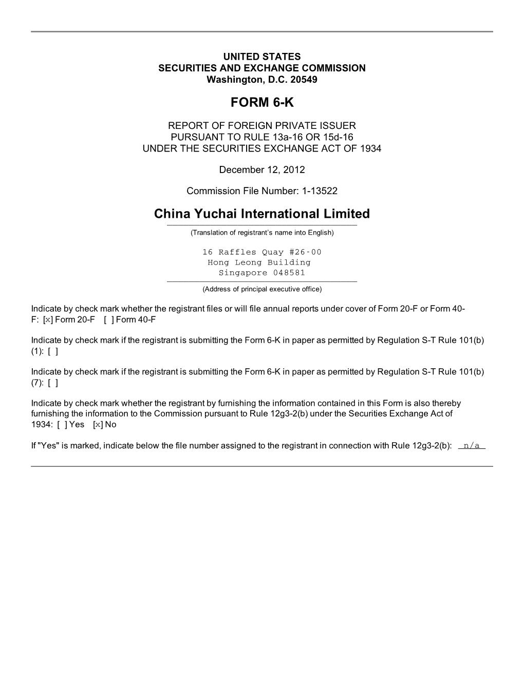 FORM 6-K China Yuchai International Limited