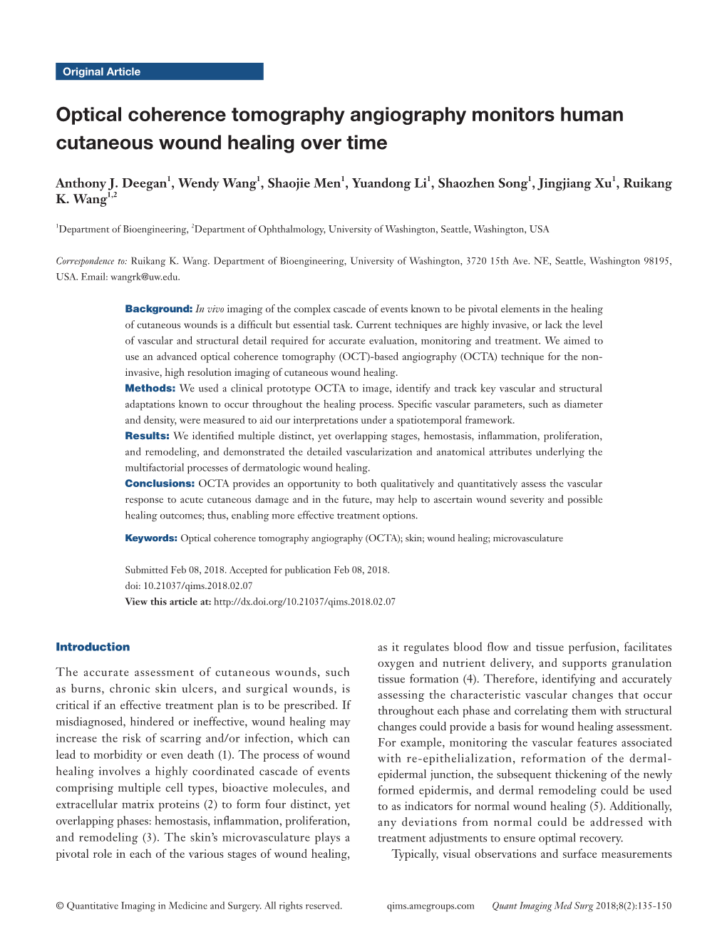 Optical Coherence Tomography Angiography Monitors Human Cutaneous Wound Healing Over Time