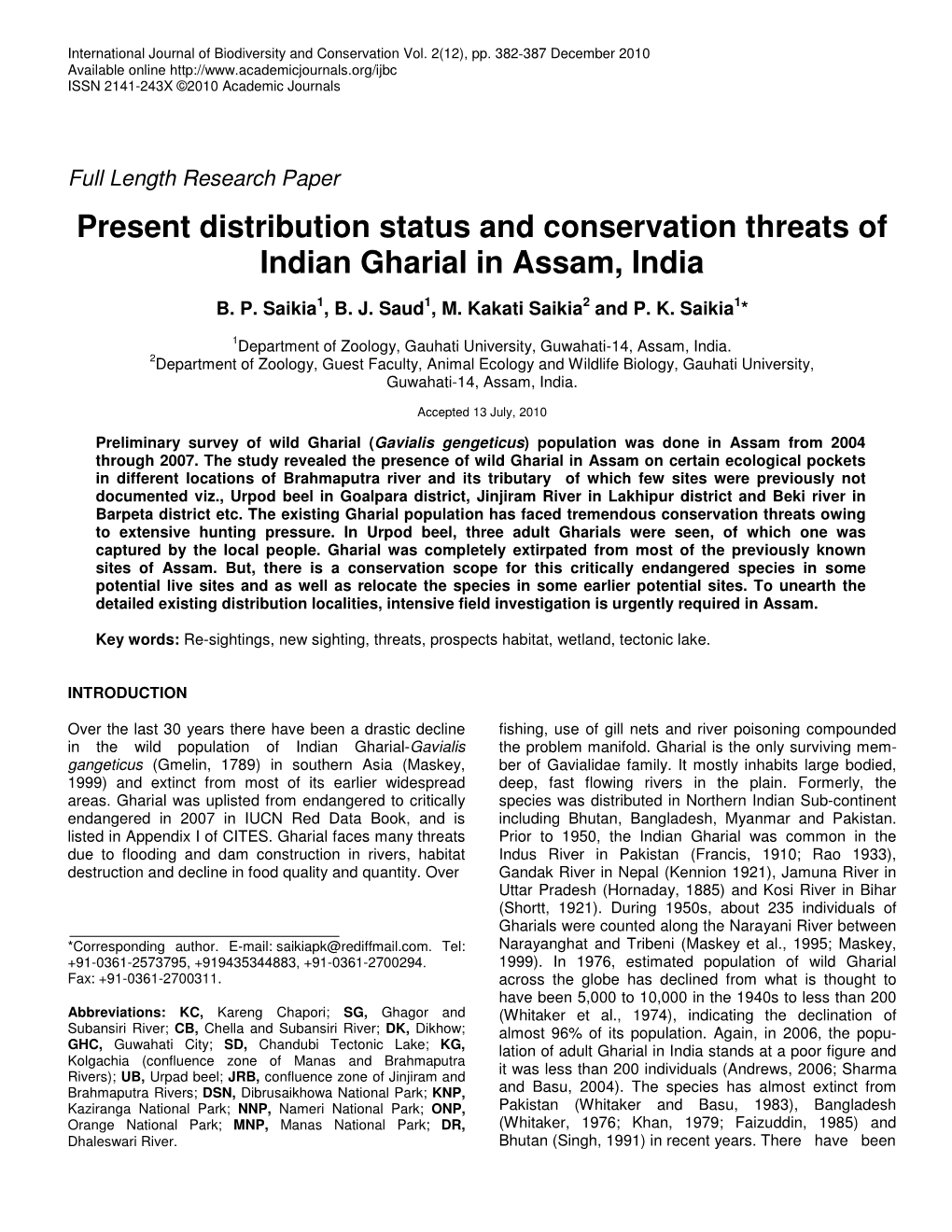 Present Distribution Status and Conservation Threats of Indian Gharial in Assam, India