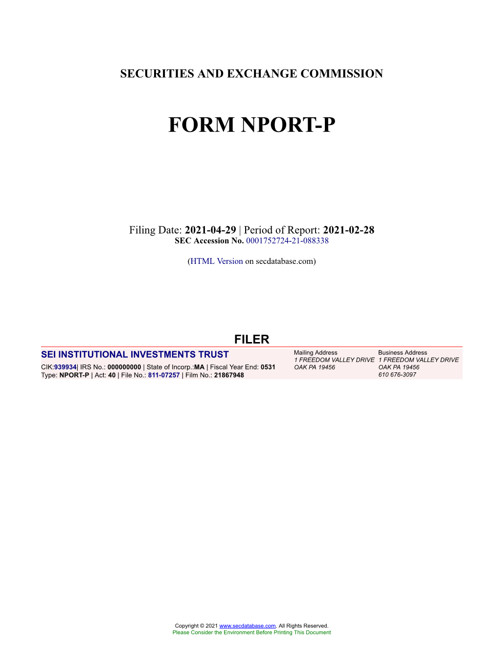 SEI INSTITUTIONAL INVESTMENTS TRUST Form NPORT-P Filed 2021-04-29