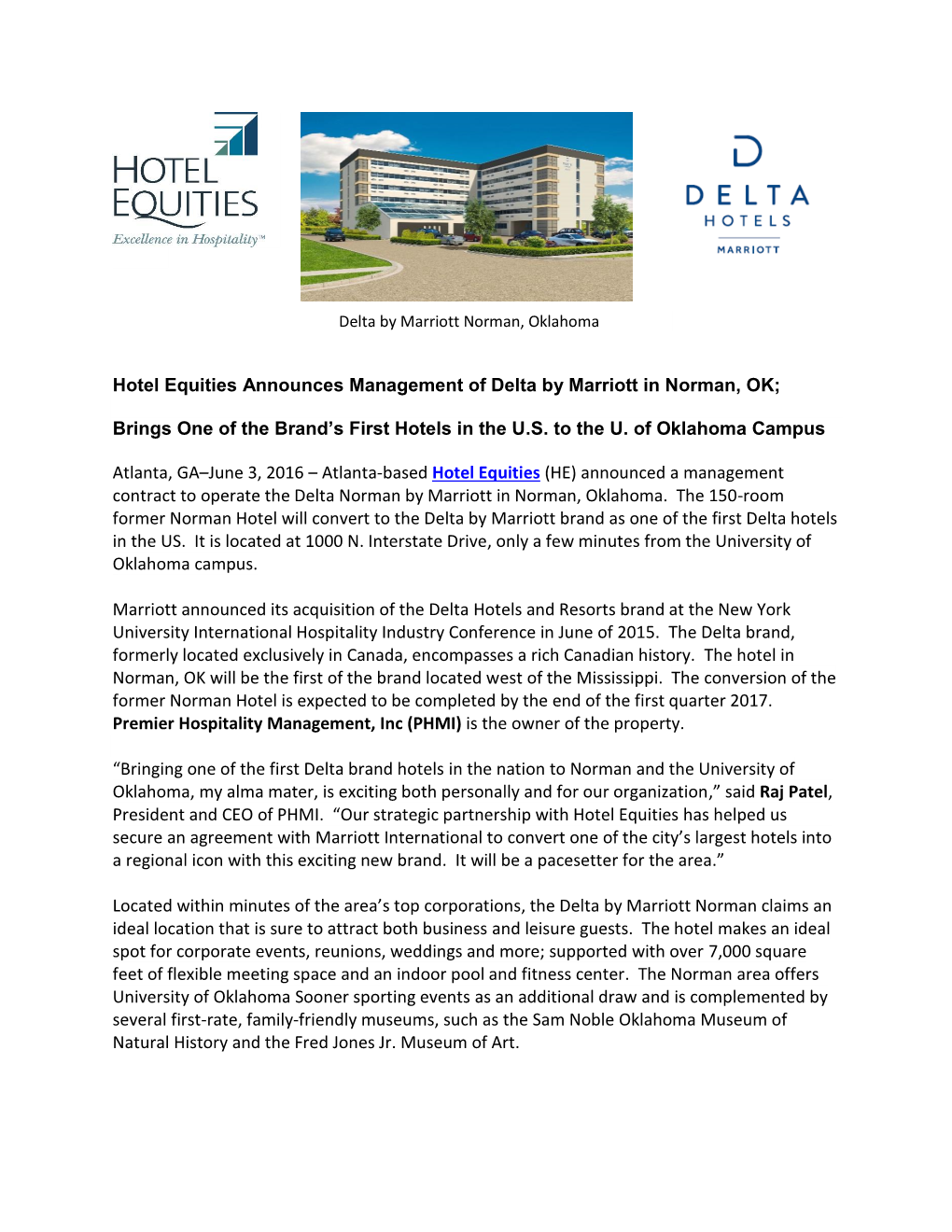 Hotel Equities Announces Management of Delta by Marriott in Norman, OK; Brings One of the Brand's First Hotels in the U.S. To