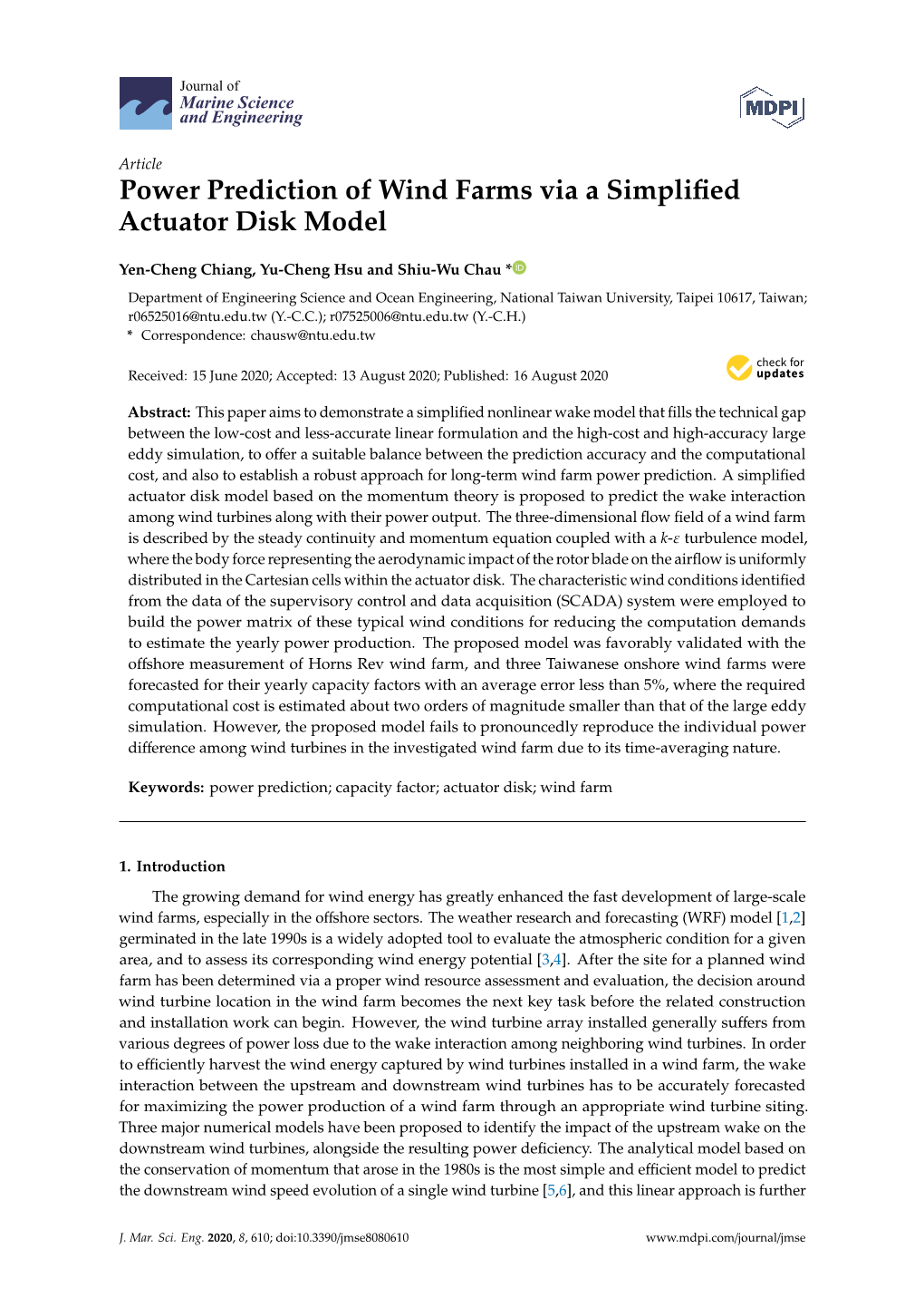 Power Prediction of Wind Farms Via a Simplified Actuator Disk Model