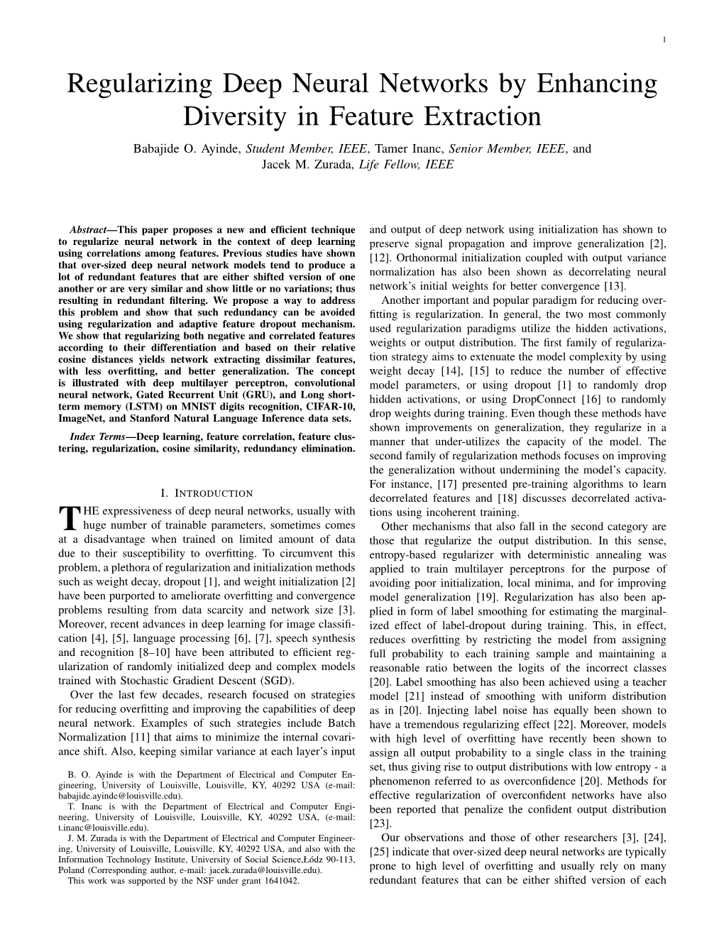 Regularizing Deep Neural Networks by Enhancing Diversity in Feature Extraction Babajide O