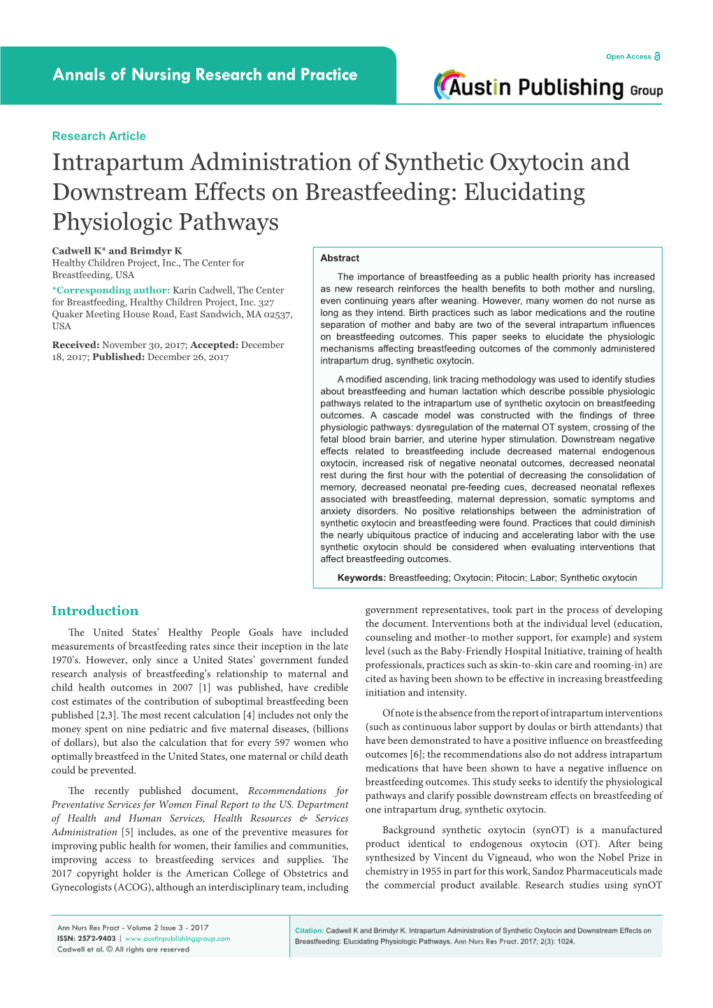 Intrapartum Administration of Synthetic Oxytocin and Downstream Effects on Breastfeeding: Elucidating Physiologic Pathways