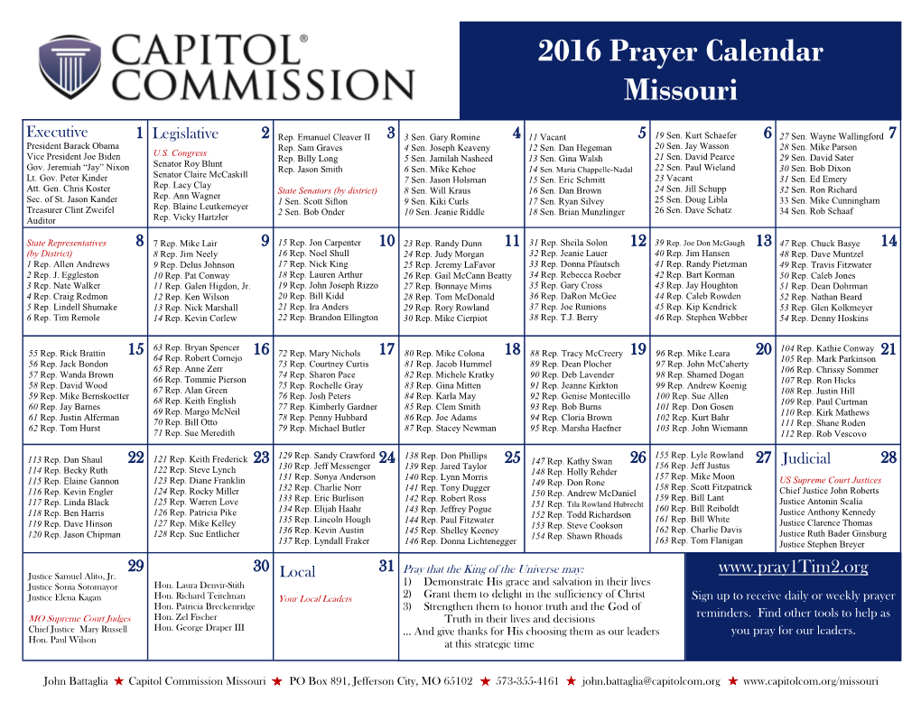 2016 Prayer Calendar Missouri