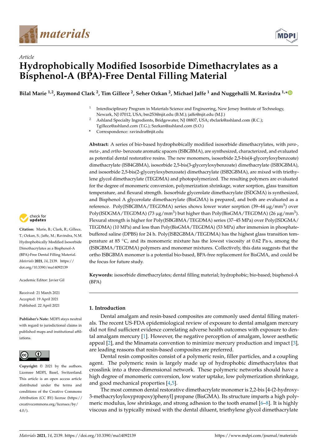 Hydrophobically Modified Isosorbide Dimethacrylates As a Bisphenol-A (BPA)-Free Dental Filling Material