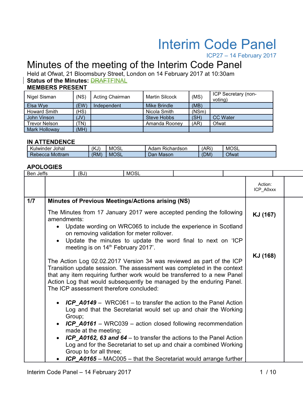 Minutes of the Meeting of the Interim Code Panel