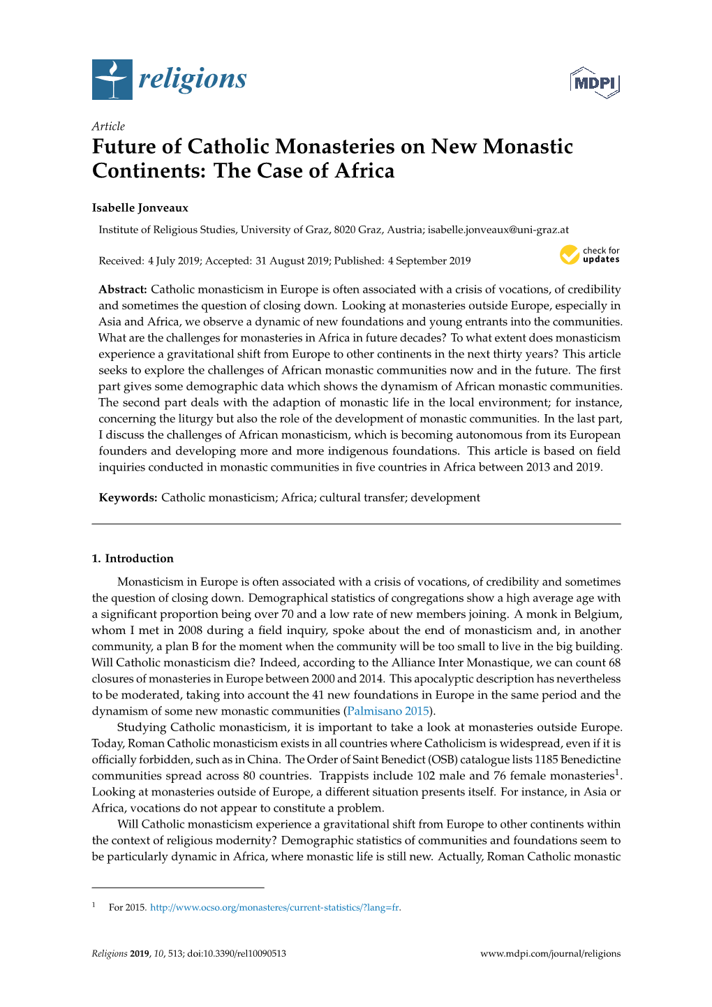 Future of Catholic Monasteries on New Monastic Continents: the Case of Africa