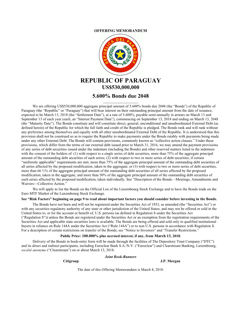 REPUBLIC of PARAGUAY US$530,000,000 5.600% Bonds Due 2048