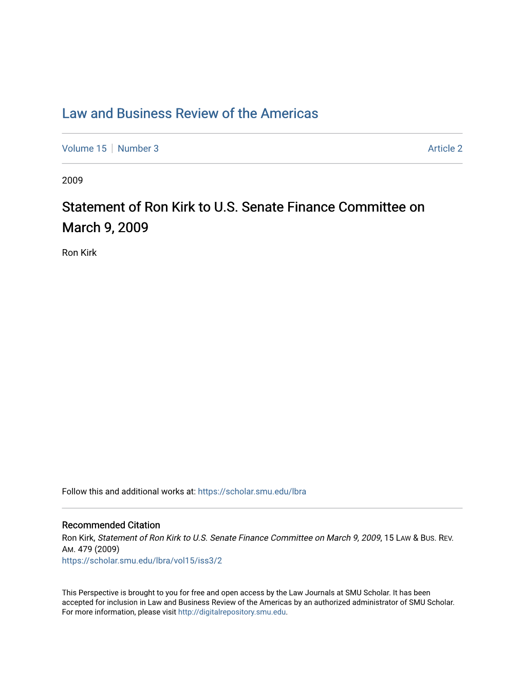 Statement of Ron Kirk to U.S. Senate Finance Committee on March 9, 2009
