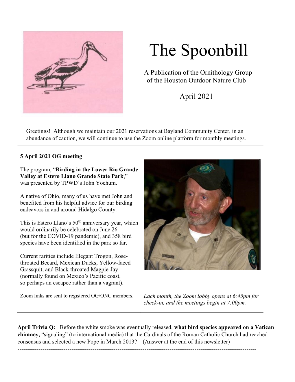 The Spoonbill Newsletter, April 2021
