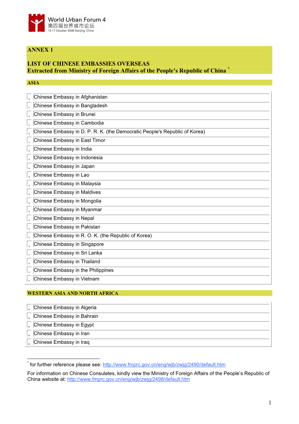 1 ANNEX 1 LIST of CHINESE EMBASSIES OVERSEAS Extracted