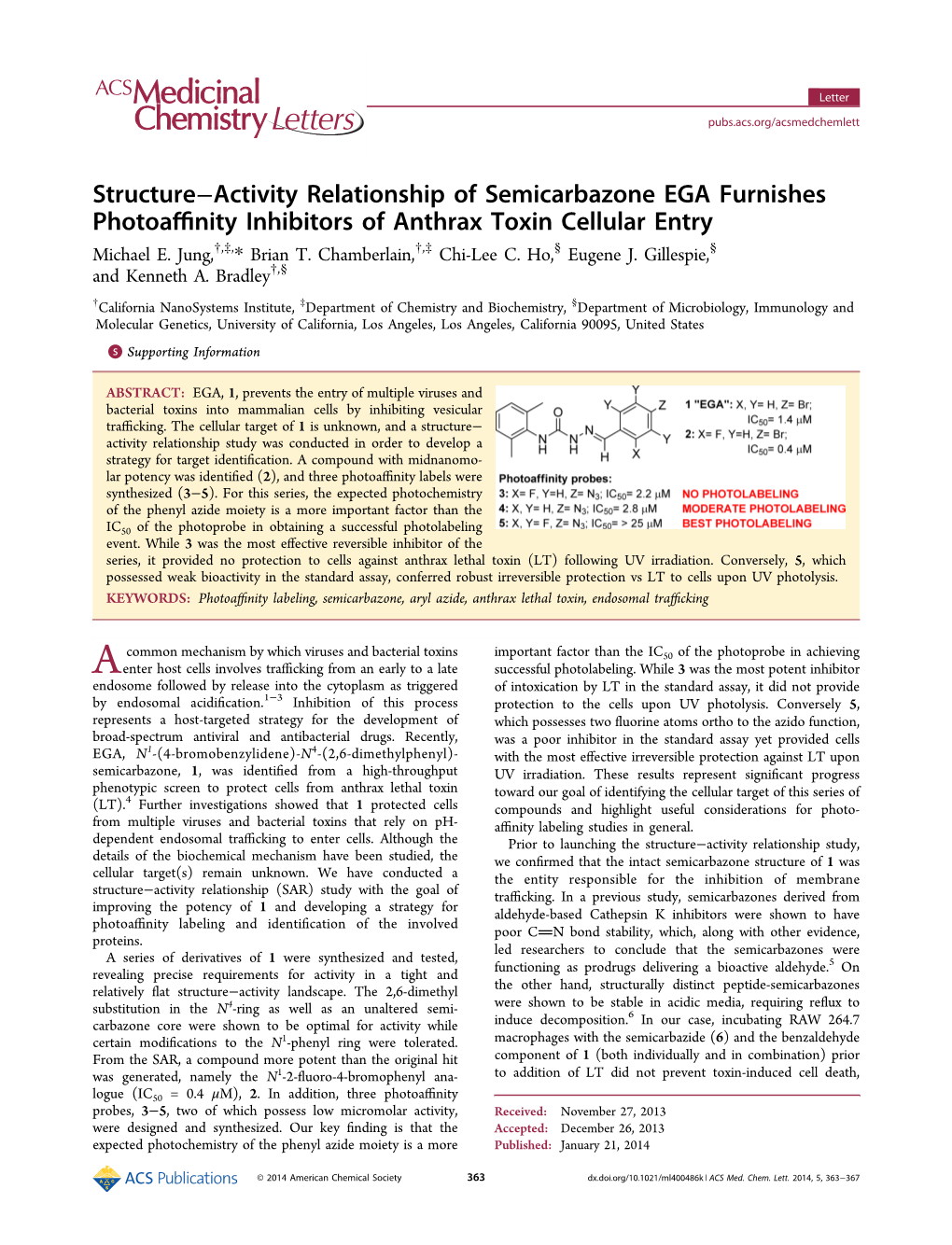 Structure−Activity Relationship of Semicarbazone EGA Furnishes Photoaﬃnity Inhibitors of Anthrax Toxin Cellular Entry † ‡ † ‡ § § Michael E