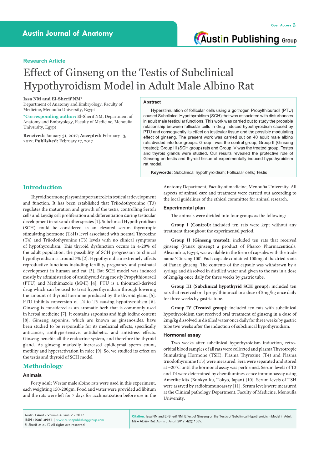 Effect of Ginseng on the Testis of Subclinical Hypothyroidism Model in Adult Male Albino Rat