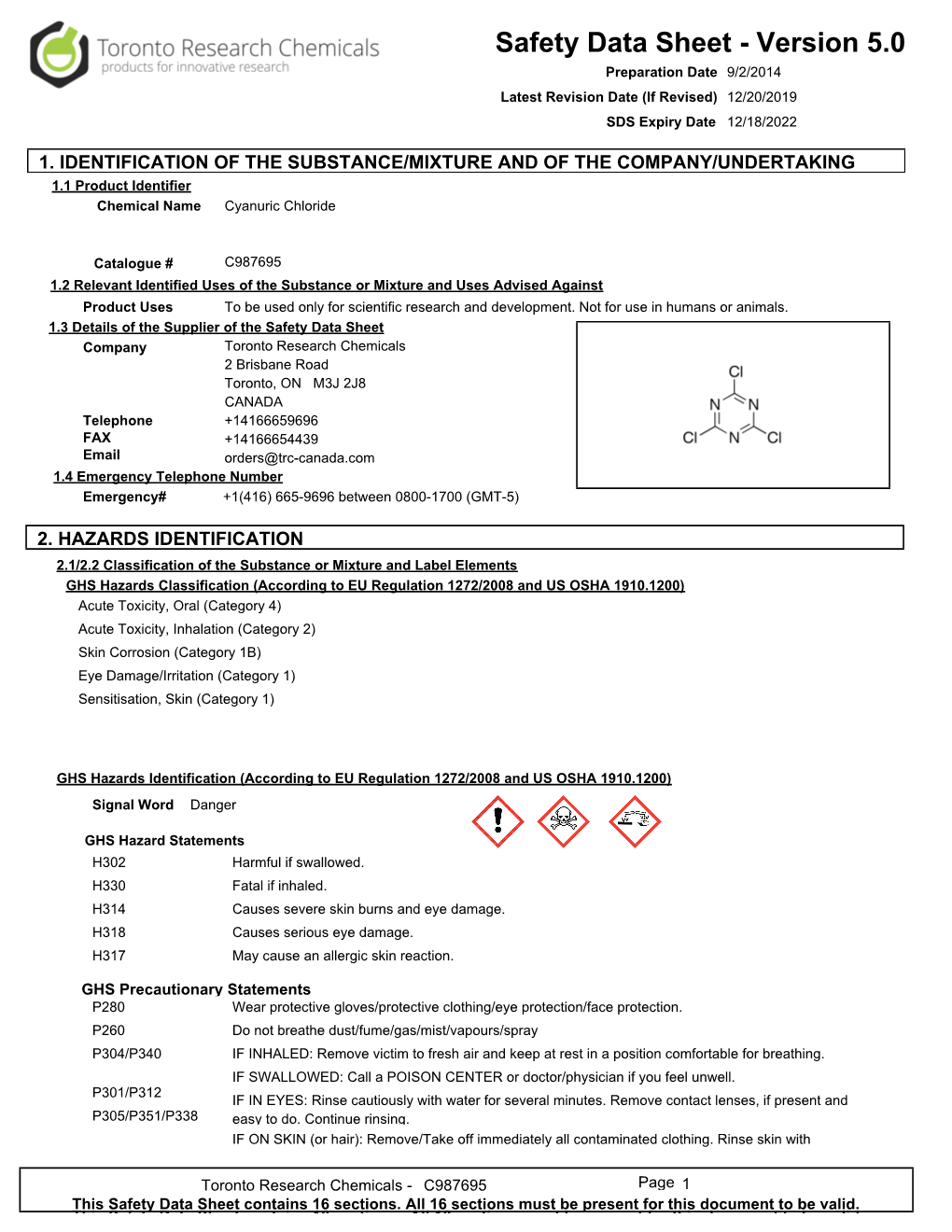 Safety Data Sheet - Version 5.0 Preparation Date 9/2/2014 Latest Revision Date (If Revised) 12/20/2019 SDS Expiry Date 12/18/2022