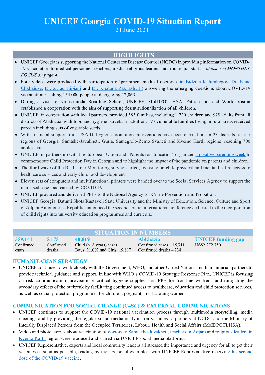 UNICEF Georgia COVID-19 Situation Report 21 June 2021
