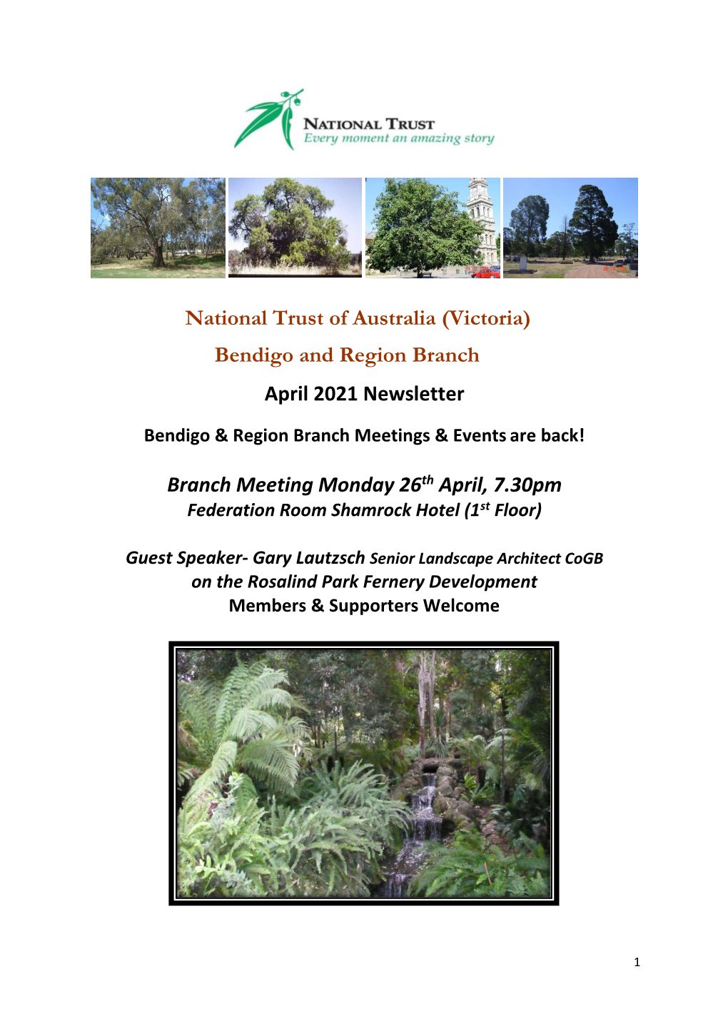 National Trust of Australia (Victoria) Bendigo and Region Branch April 2021 Newsletter Branch Meeting Monday 26Th April, 7.30Pm