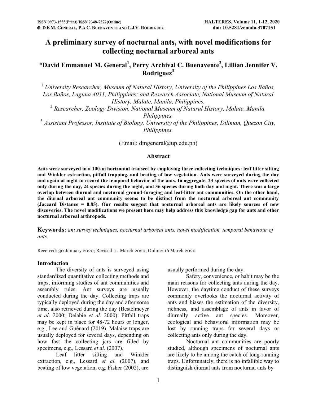 A Preliminary Survey of Nocturnal Ants, with Novel Modifications for Collecting Nocturnal Arboreal Ants