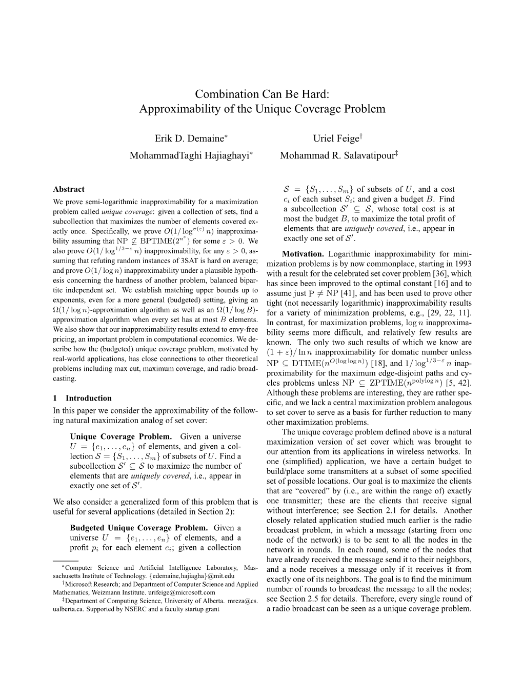 Approximability of the Unique Coverage Problem