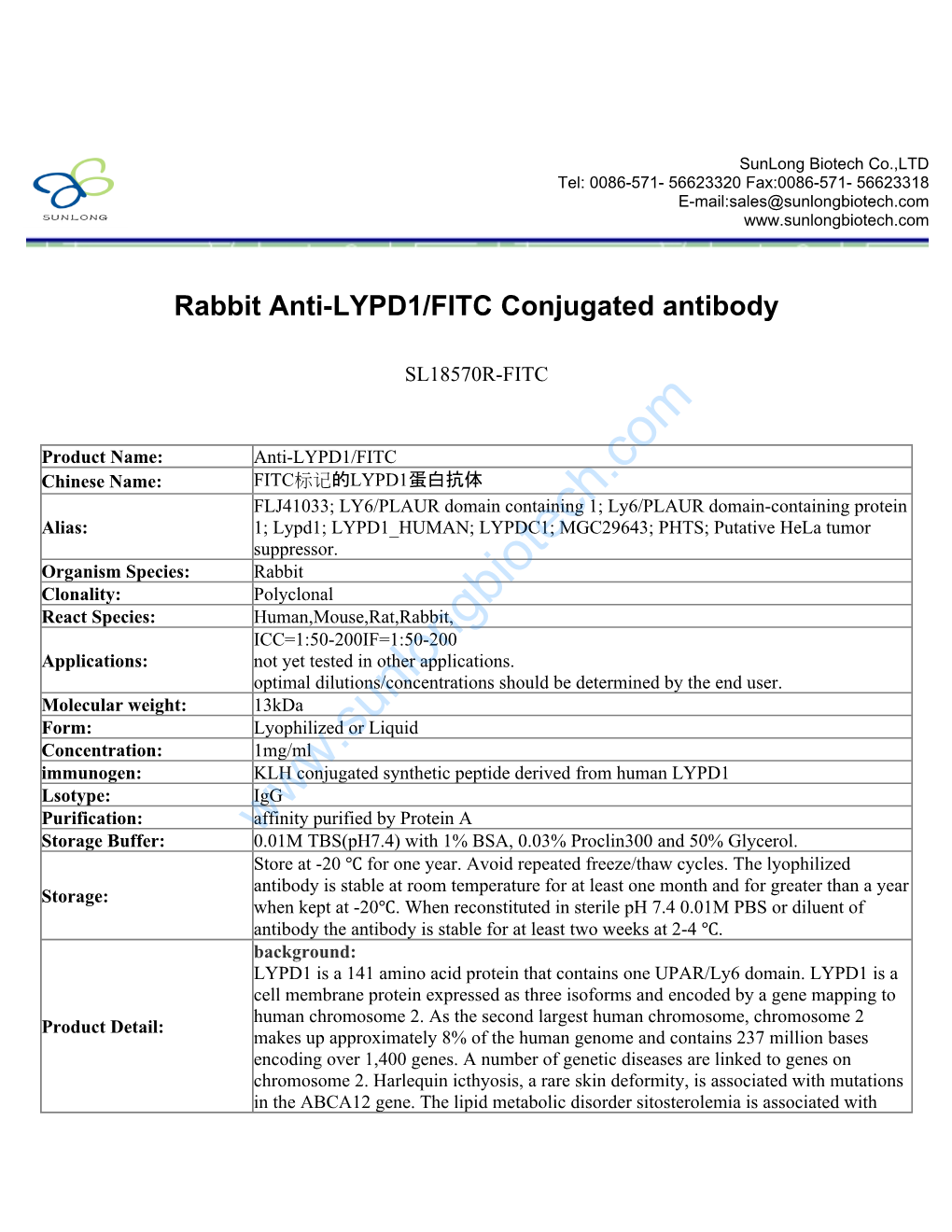 Rabbit Anti-LYPD1/FITC Conjugated Antibody-SL18570R-FITC
