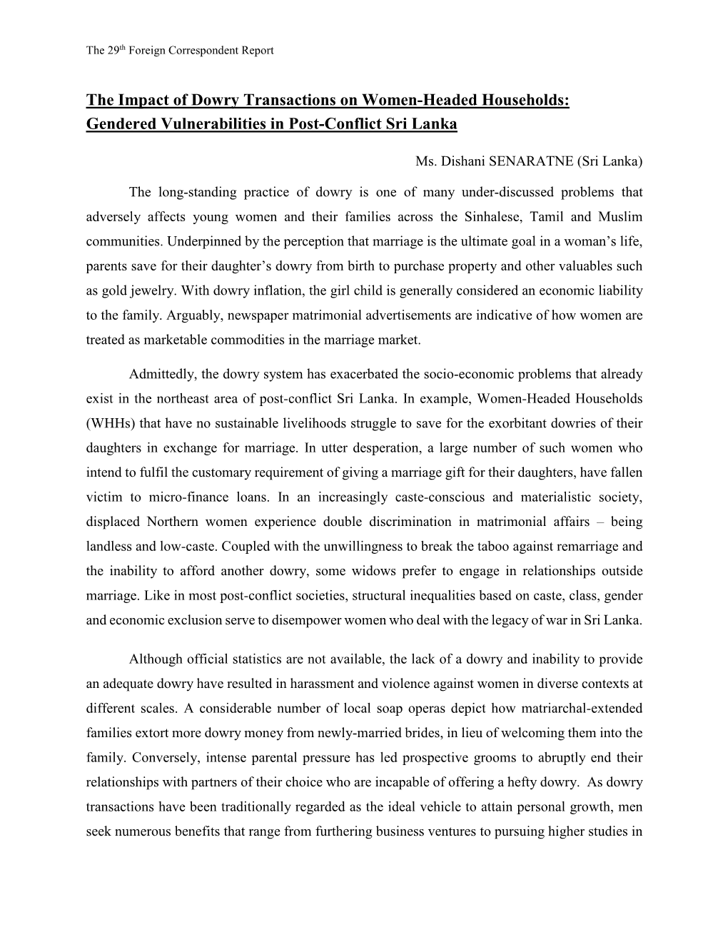 The Impact of Dowry Transactions on Women-Headed Households: Gendered Vulnerabilities in Post-Conflict Sri Lanka