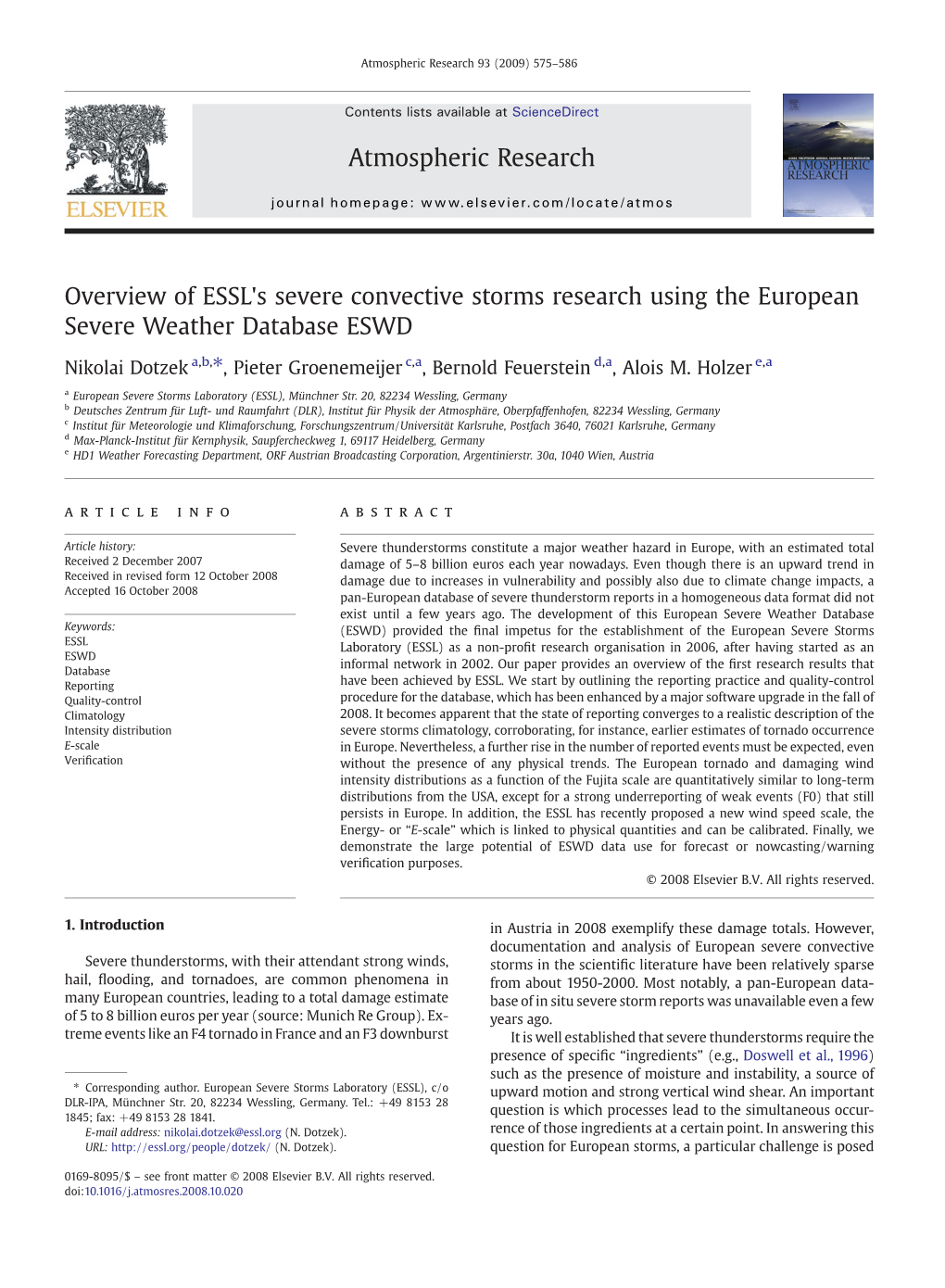 Overview of ESSL's Severe Convective Storms Research Using the European Severe Weather Database ESWD