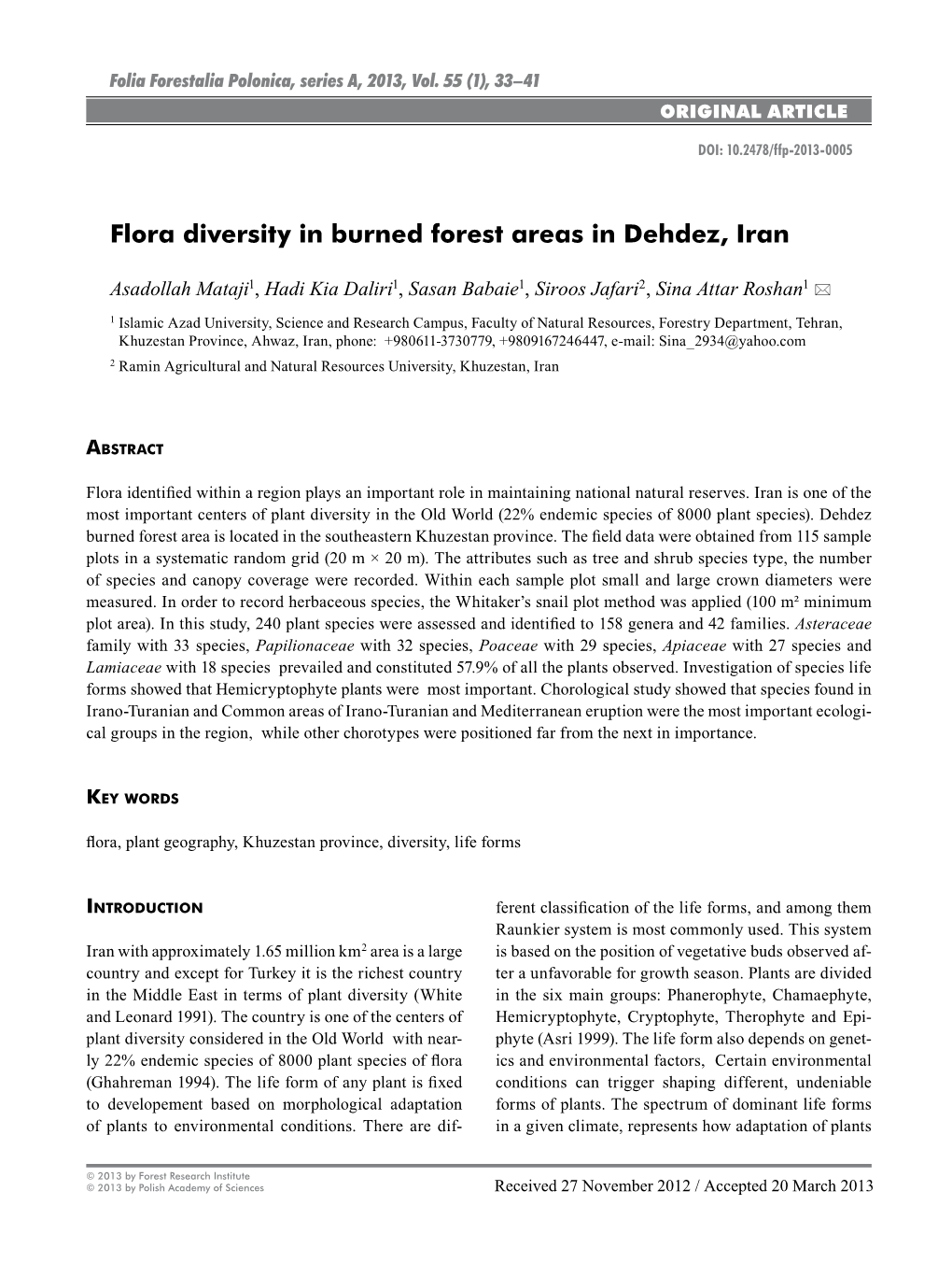 Flora Diversity in Burned Forest Areas in Dehdez, Iran